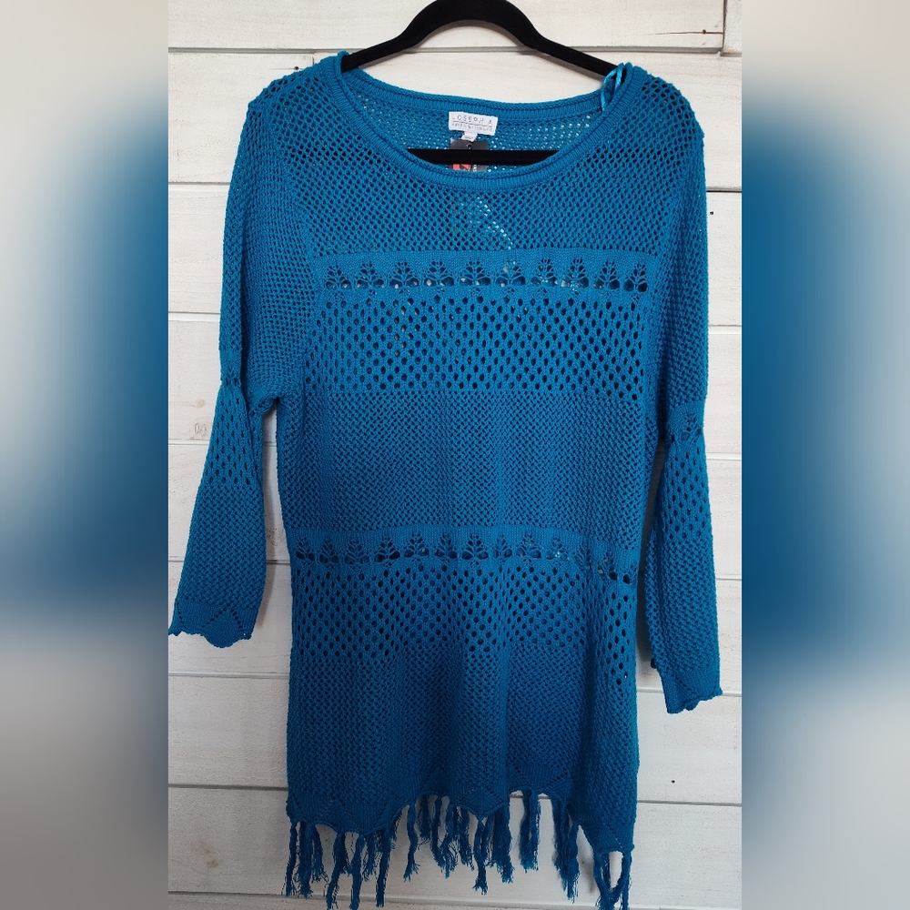 Joseph A Women's Blue Mesh Knit Top Size XL New Boho Peasant Fringed Turquoise